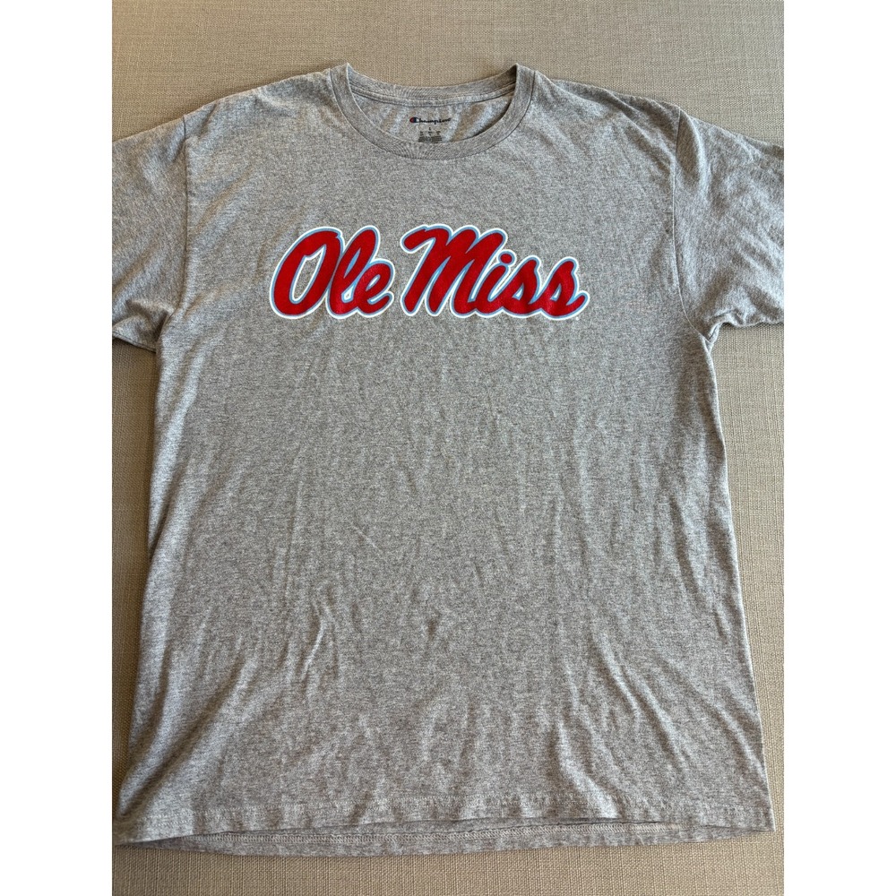 Champion Ole Miss Gray Red Powder Blue Tee Shirt NCAA Rebels Size L